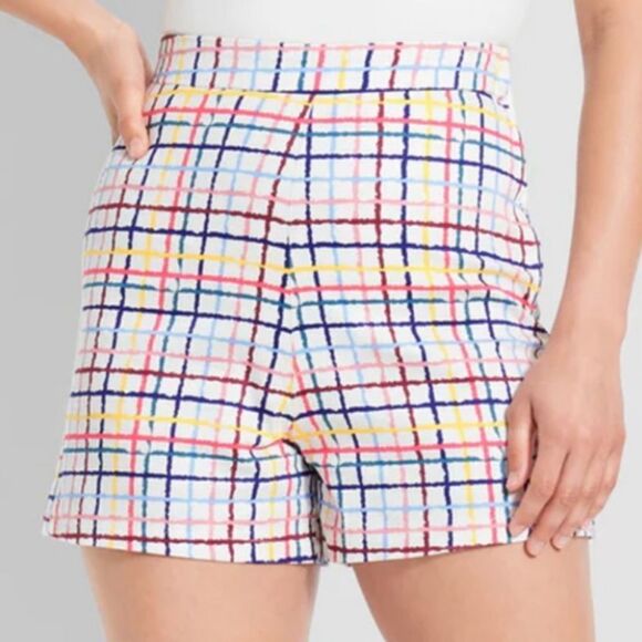 Modcloth High Waist Party Streamers Shorts Blue Pink Rainbow Plaid 6 Small NWT - Picture 1 of 13